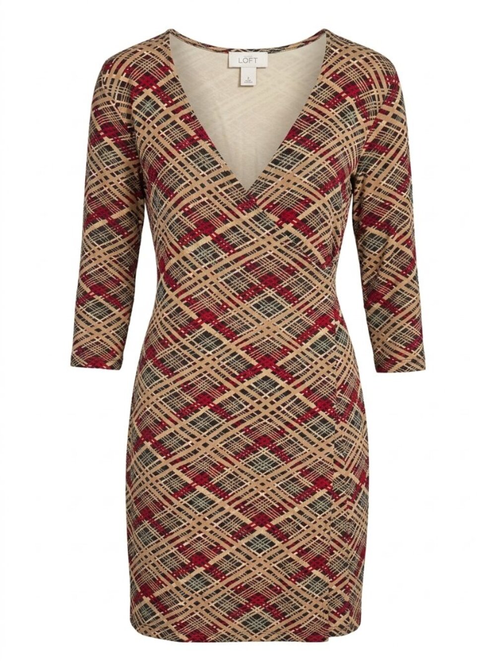 LOFT Plaid Print Faux Wrap Fit & Flare Dress V-Neck 3/4 Sleeve Multi-Color Sz 2